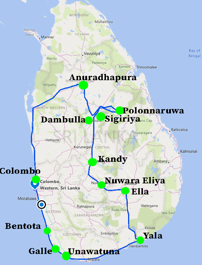 7 days Sri Lanka tour map